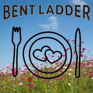 Bent Ladder logo with an outline of a plate with a knife and fork, and a background of flowers